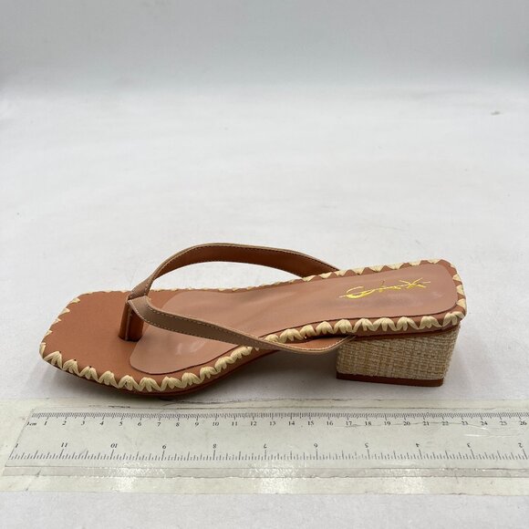 XYD Light Tan Open Toe Woven Flip Flops Summer Chunky Low Heel Thong Sandals - Picture 2 of 8